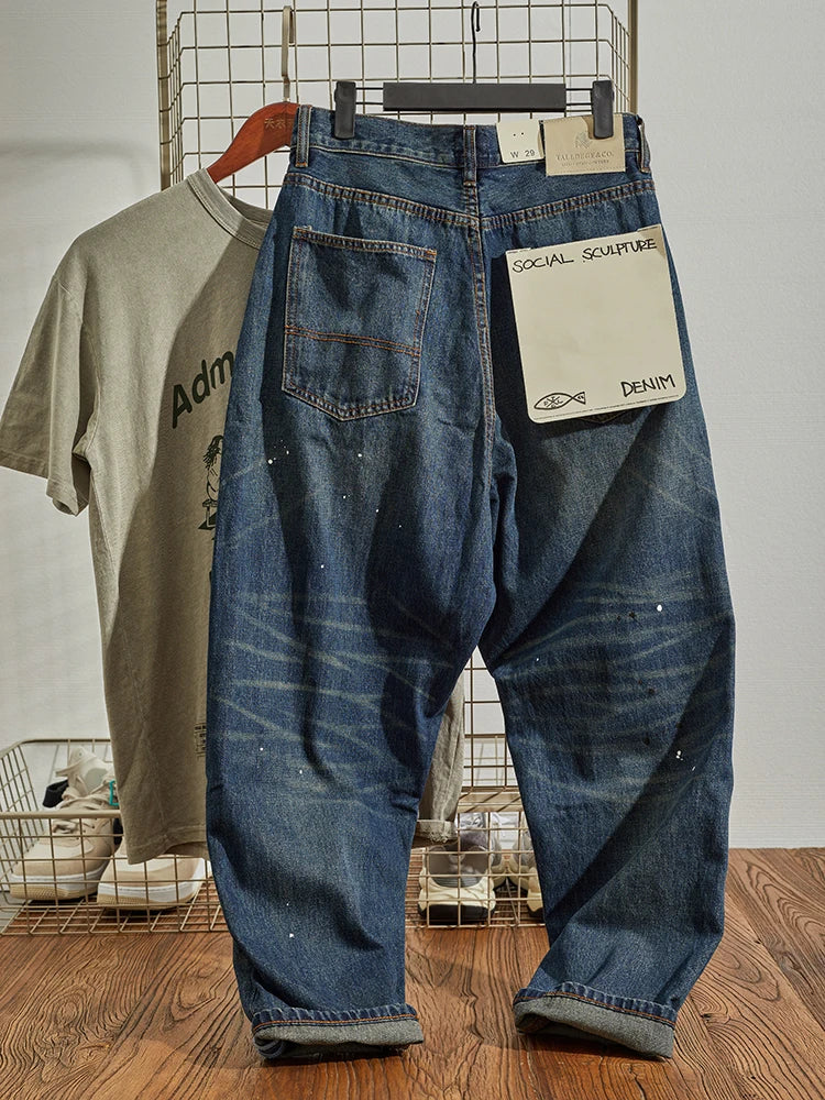 Four Seasons New American Retro Spray Paint Denim Jeans Men's Fashion 100% Cotton Washed Make Old Casual Straight Loose Trousers