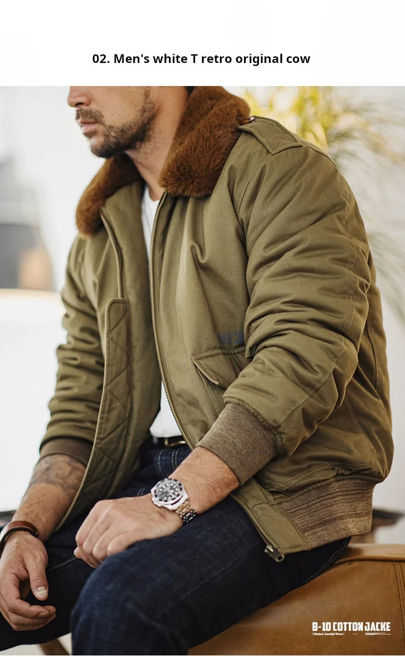 Maden Vintage B10 Bomber Jacket Zippered Cotton Flight Coat with Fur Collar Lapel Pockets Green Cotton Jacket for Men's Winter