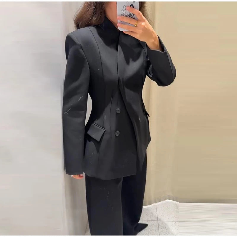 Formal Women's Waist Cinching Blazer Suits Padded Shoulder Long Sleeve Jacket Baggy Pants Casual Office Streetwear Set Outfit