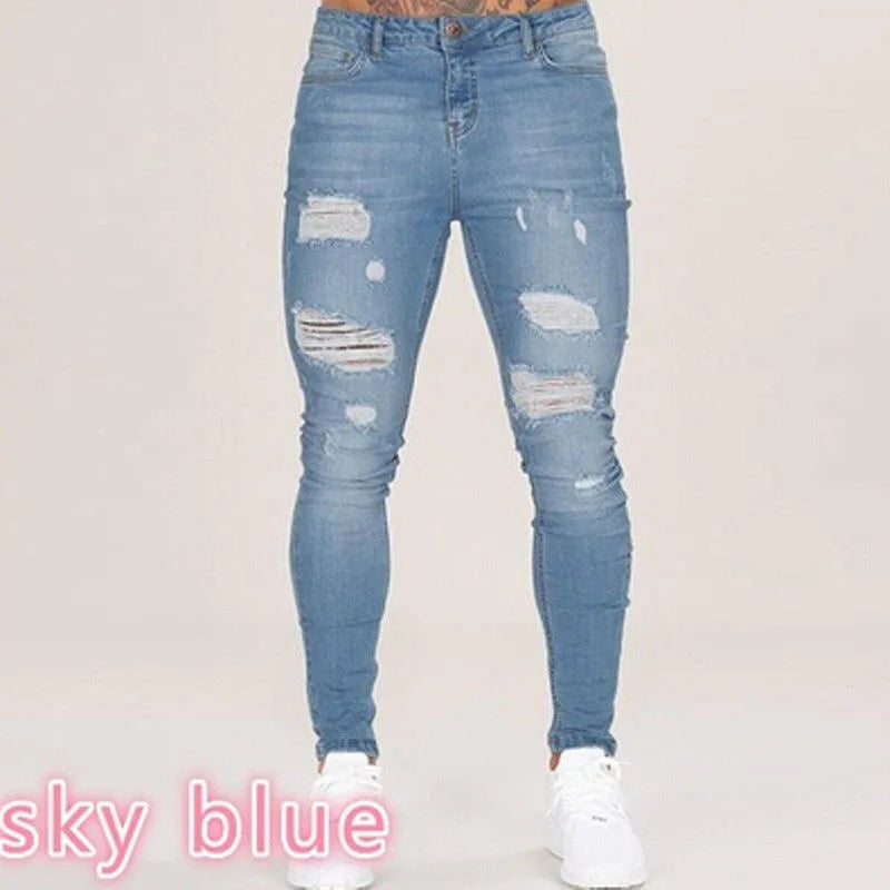 Men Jeans Solid Pockets Stretch Denim Straight Pants Spring Summer