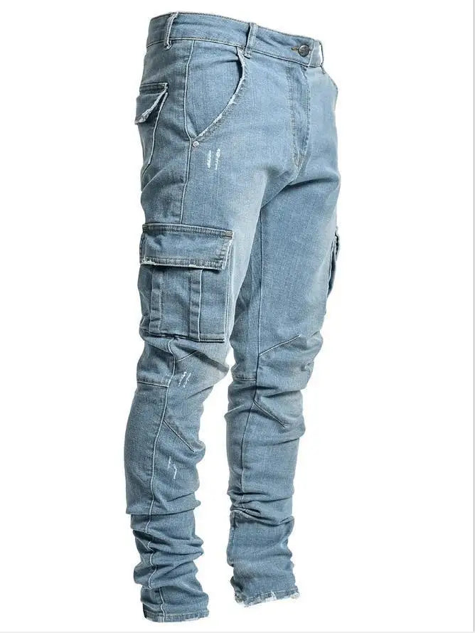 Men Jeans Solid Pockets Stretch Denim Straight Pants Spring Summer