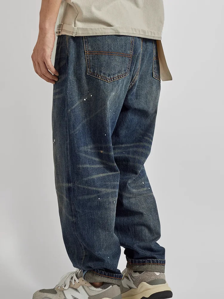 Four Seasons New American Retro Spray Paint Denim Jeans Men's Fashion 100% Cotton Washed Make Old Casual Straight Loose Trousers