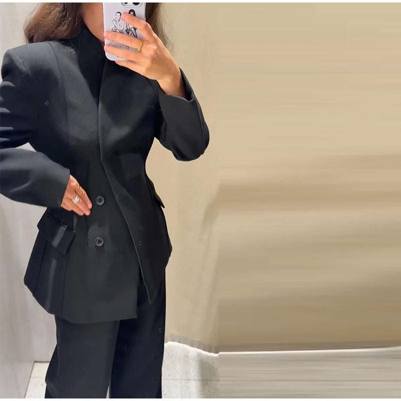 Formal Women's Waist Cinching Blazer Suits Padded Shoulder Long Sleeve Jacket Baggy Pants Casual Office Streetwear Set Outfit