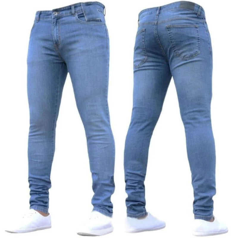 Men Jeans Solid Pockets Stretch Denim Straight Pants Spring Summer