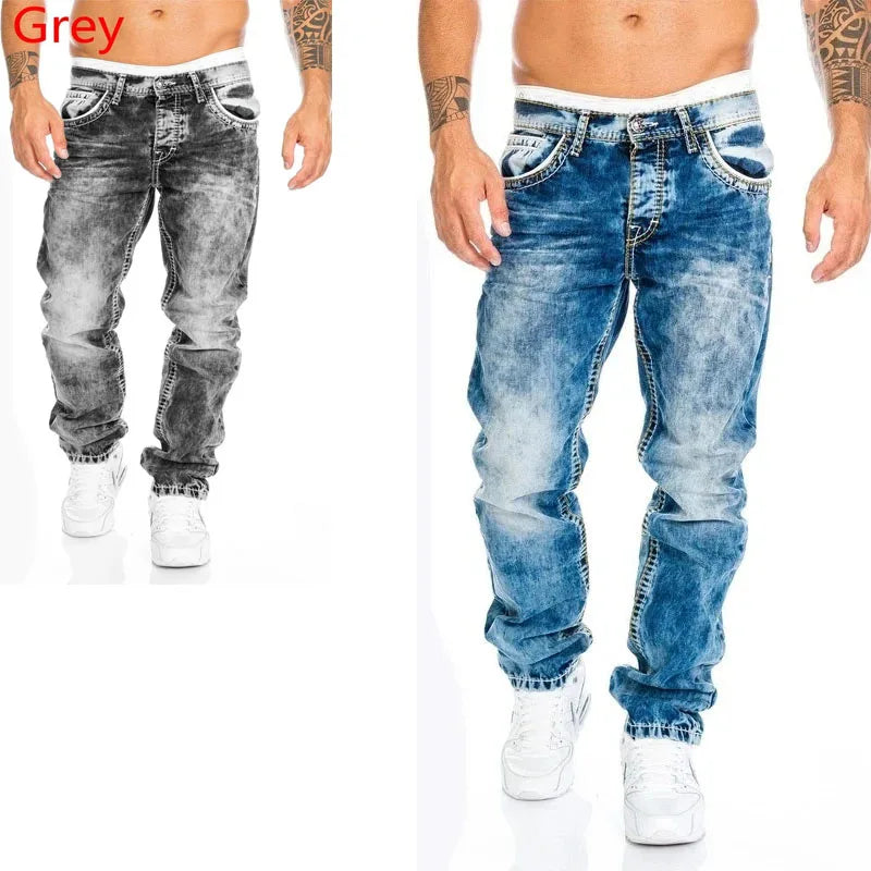 Men Jeans Solid Pockets Stretch Denim Straight Pants Spring Summer