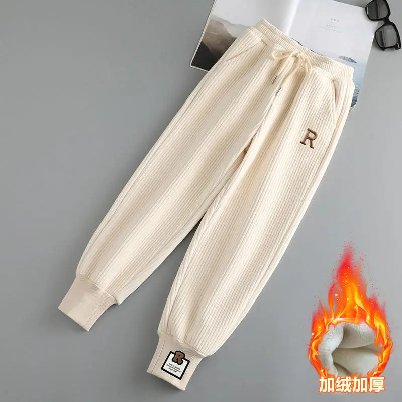 Corduroy Black Apricot Color Embroidered Label Decoration Drawstring Screw Thread Alphabet Printing Ankle Length Pants Female