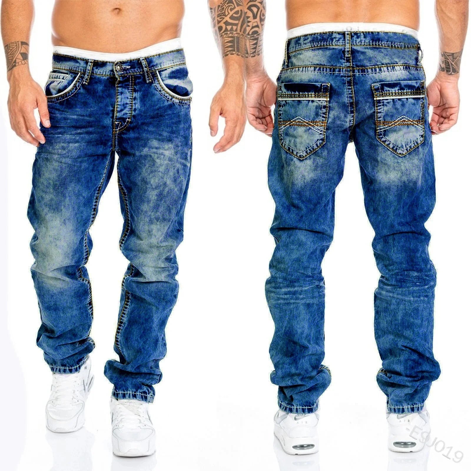 Men Jeans Solid Pockets Stretch Denim Straight Pants Spring Summer