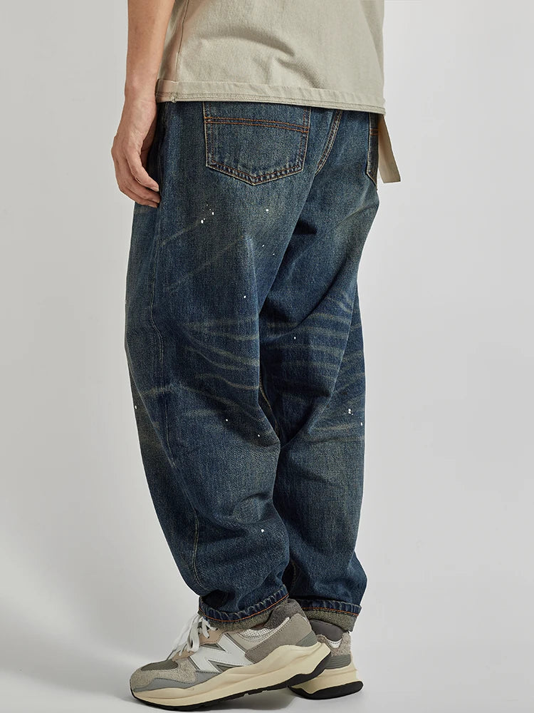 Four Seasons New American Retro Spray Paint Denim Jeans Men's Fashion 100% Cotton Washed Make Old Casual Straight Loose Trousers