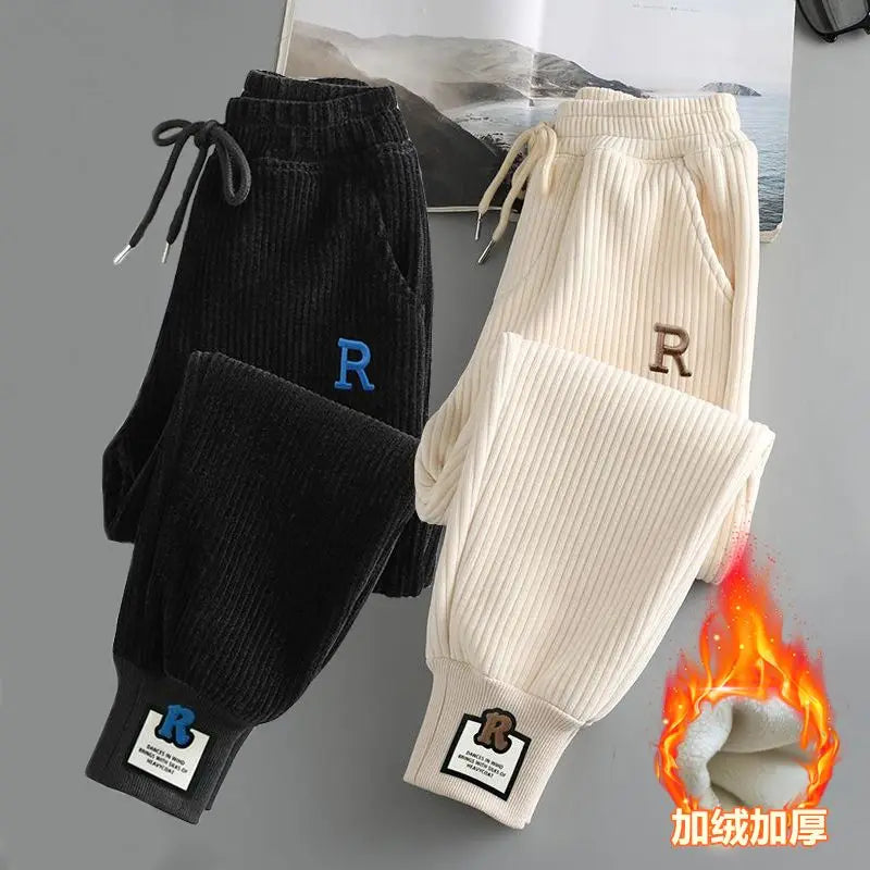 Corduroy Black Apricot Color Embroidered Label Decoration Drawstring Screw Thread Alphabet Printing Ankle Length Pants Female