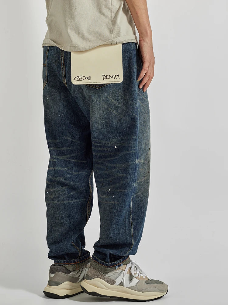 Four Seasons New American Retro Spray Paint Denim Jeans Men's Fashion 100% Cotton Washed Make Old Casual Straight Loose Trousers