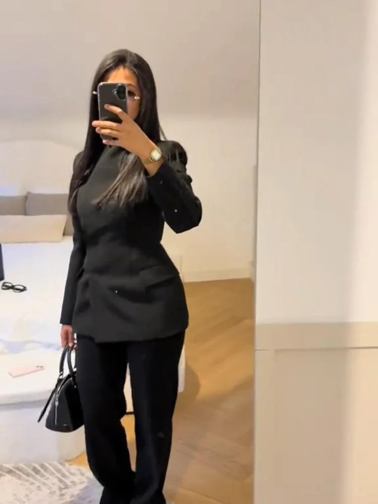 Formal Women's Waist Cinching Blazer Suits Padded Shoulder Long Sleeve Jacket Baggy Pants Casual Office Streetwear Set Outfit