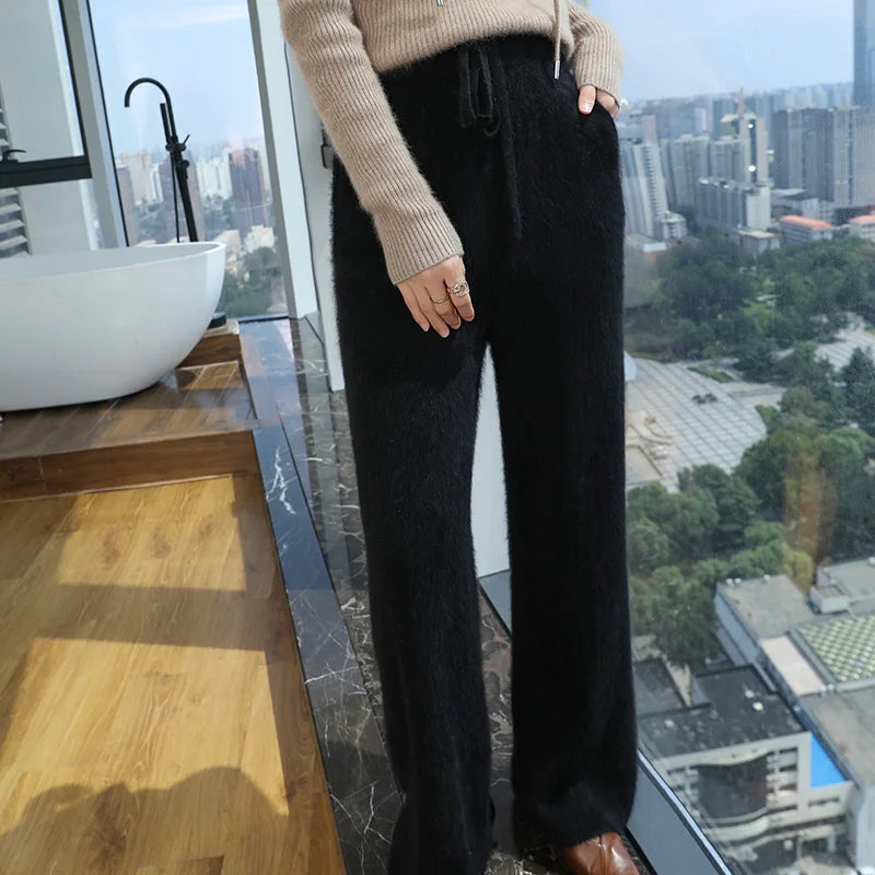 100% Pure Mink Cashmere Knit Wide-Leg Pants Women's Elastic Waist  Straight Trousers Leisure Thick Drawstring Mopping pants