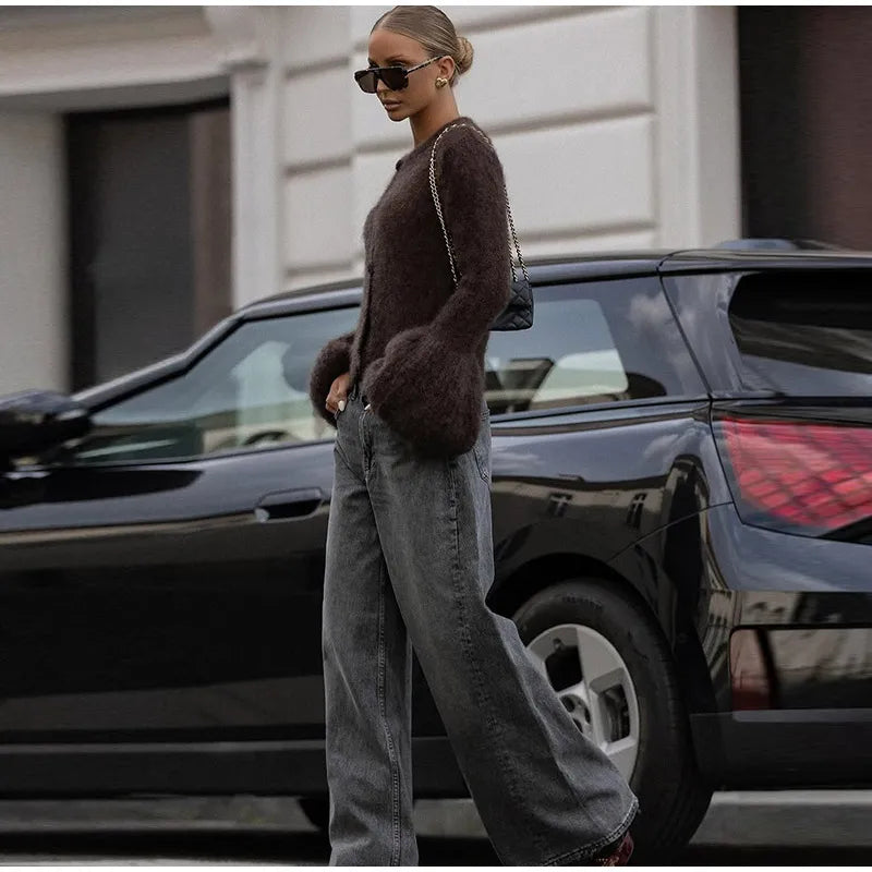 Fashion O-neck Knitted Cardigan Women Solid Flare sleeve Single Breasted Slim Sweater 2025 Lady Autumn Winter Chic New Knitwear