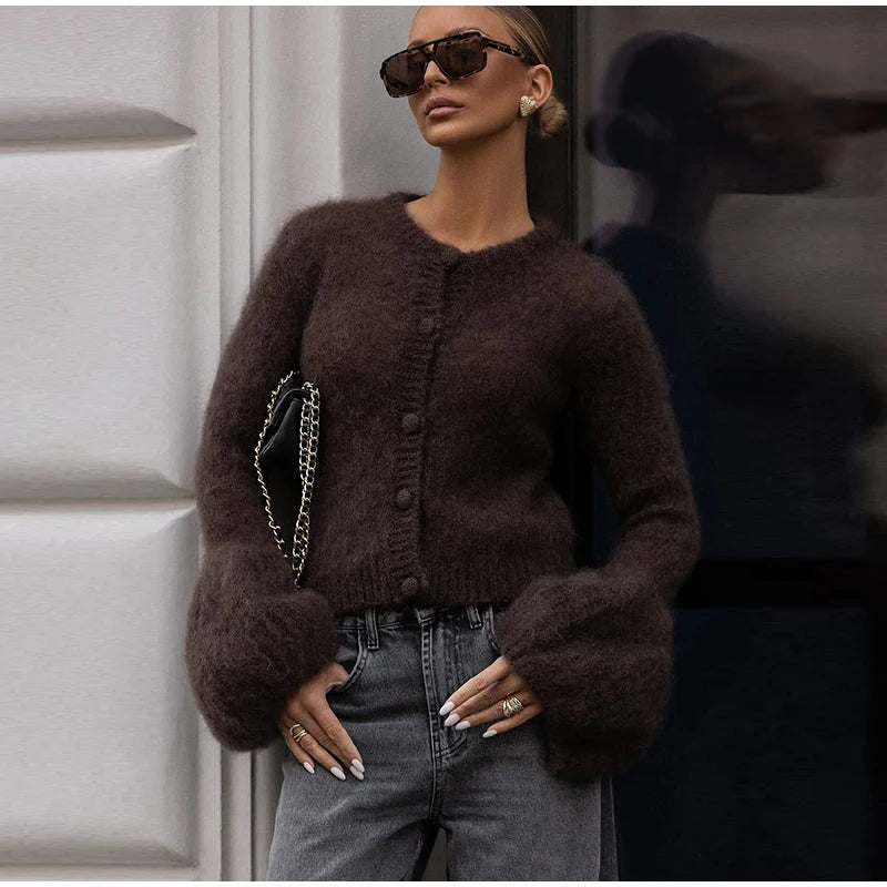 Fashion O-neck Knitted Cardigan Women Solid Flare sleeve Single Breasted Slim Sweater 2025 Lady Autumn Winter Chic New Knitwear