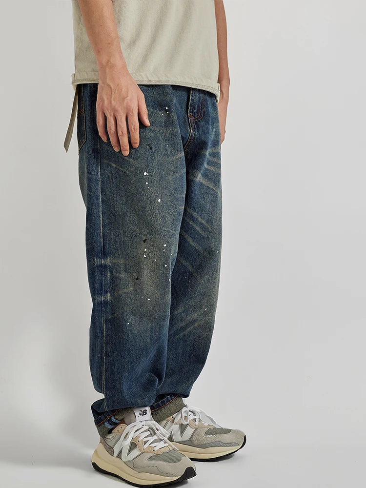 Four Seasons New American Retro Spray Paint Denim Jeans Men's Fashion 100% Cotton Washed Make Old Casual Straight Loose Trousers