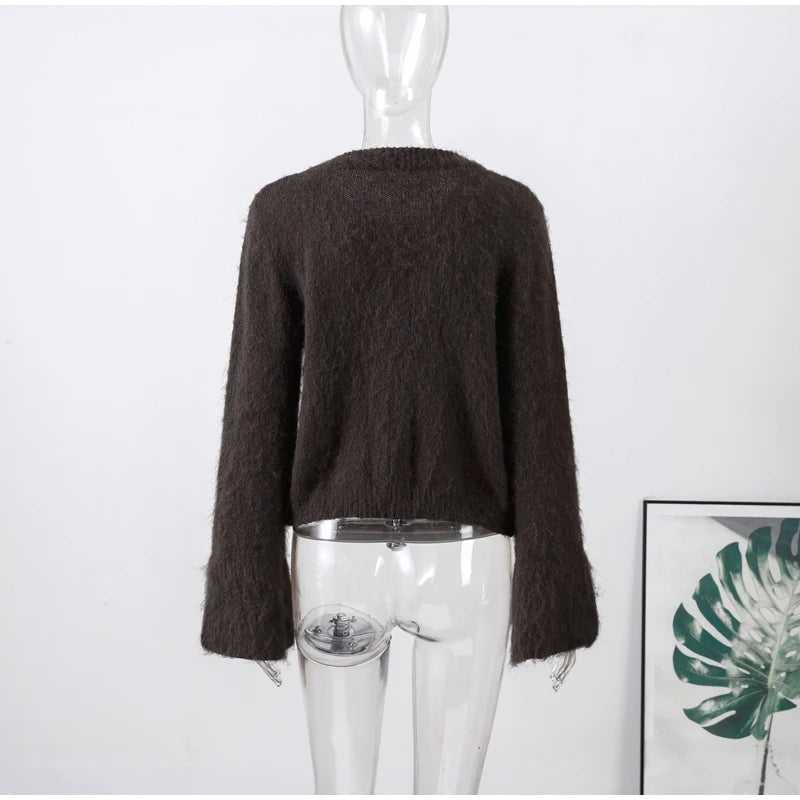 Fashion O-neck Knitted Cardigan Women Solid Flare sleeve Single Breasted Slim Sweater 2025 Lady Autumn Winter Chic New Knitwear