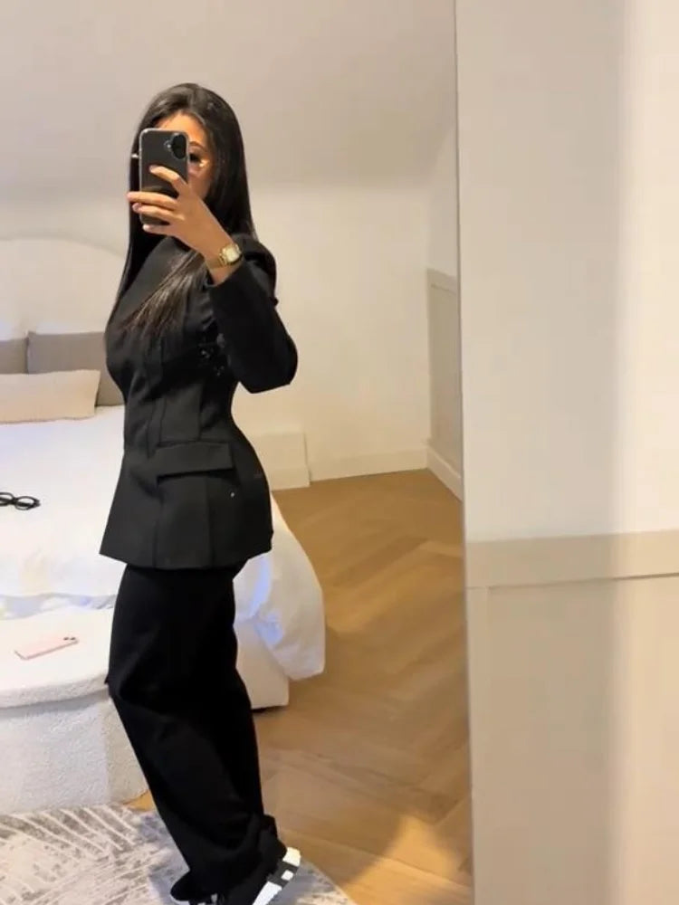 Formal Women's Waist Cinching Blazer Suits Padded Shoulder Long Sleeve Jacket Baggy Pants Casual Office Streetwear Set Outfit