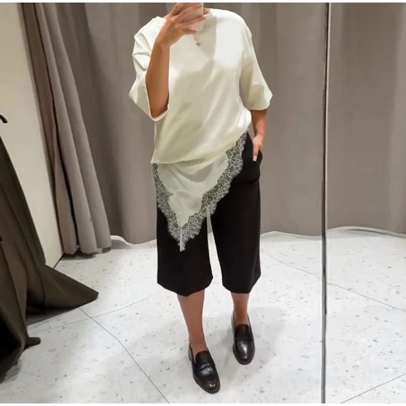 Elegant Lace Trim Patchwork Solid Blouse T-shirts Women Asymmetrical Hem Casual Inner Wear Top 2025 New Solid All Match Outfit