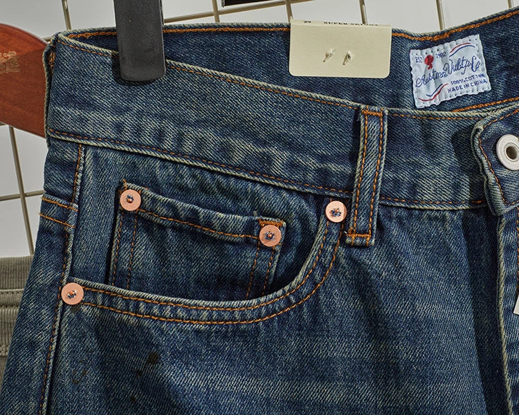 Four Seasons New American Retro Spray Paint Denim Jeans Men's Fashion 100% Cotton Washed Make Old Casual Straight Loose Trousers