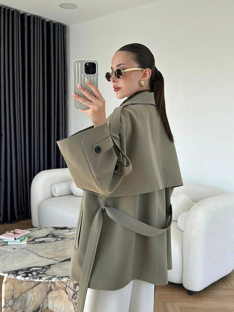 Vintage Turn-down Collar Lace Up Windbreaker Women Fashion Double Breasdted Belt Jackets Female Autumn Chic Casual Streetwear ﻿