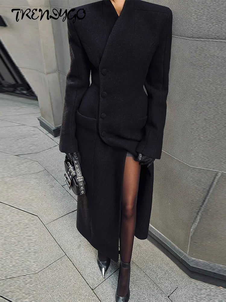 Women's Winter Coat Diagonal Placket Single Breasted Shoulder Pad Woolen Jacket Autumn 2025 Office Lady Waist Cinching Outerwear