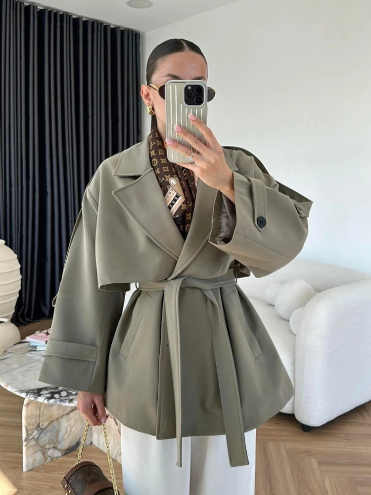 Vintage Turn-down Collar Lace Up Windbreaker Women Fashion Double Breasdted Belt Jackets Female Autumn Chic Casual Streetwear ﻿