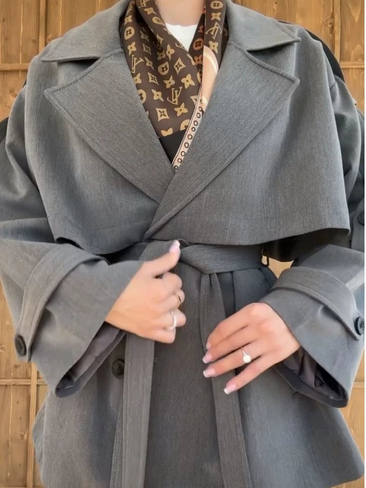 Vintage Turn-down Collar Lace Up Windbreaker Women Fashion Double Breasdted Belt Jackets Female Autumn Chic Casual Streetwear ﻿