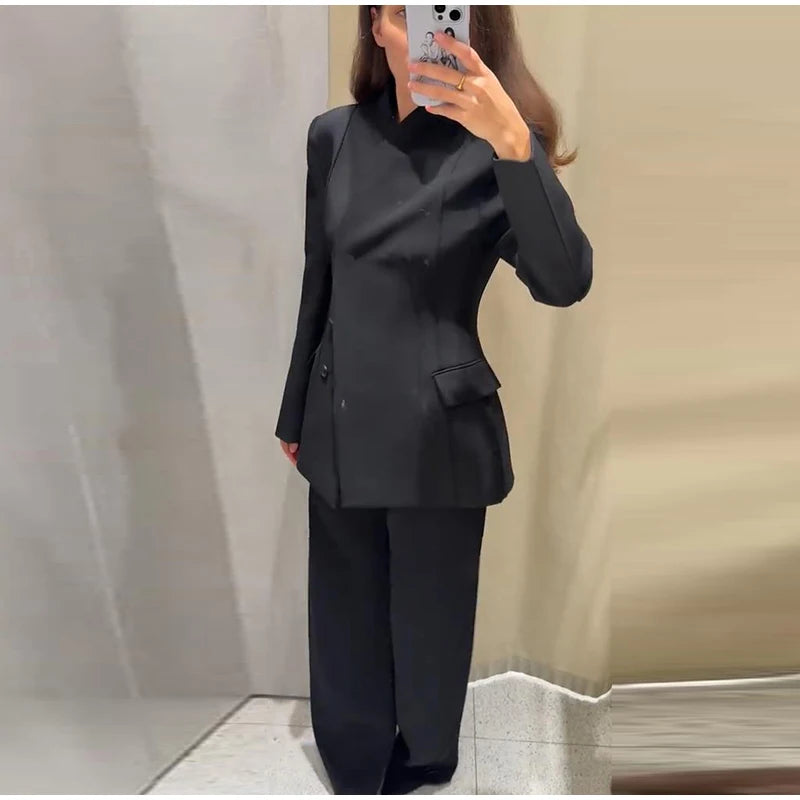 Formal Women's Waist Cinching Blazer Suits Padded Shoulder Long Sleeve Jacket Baggy Pants Casual Office Streetwear Set Outfit