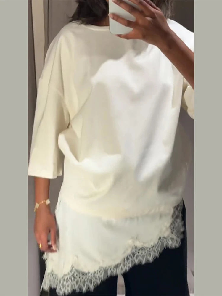 Elegant Lace Trim Patchwork Solid Blouse T-shirts Women Asymmetrical Hem Casual Inner Wear Top 2025 New Solid All Match Outfit