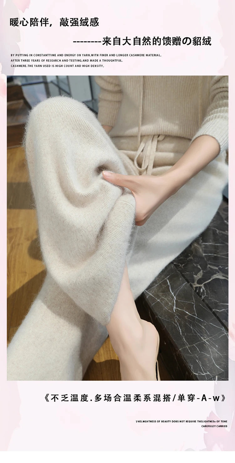 100% Pure Mink Cashmere Knit Wide-Leg Pants Women's Elastic Waist  Straight Trousers Leisure Thick Drawstring Mopping pants