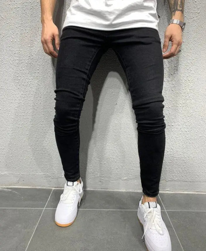 Men Jeans Solid Pockets Stretch Denim Straight Pants Spring Summer