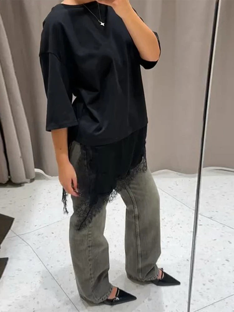 Elegant Lace Trim Patchwork Solid Blouse T-shirts Women Asymmetrical Hem Casual Inner Wear Top 2025 New Solid All Match Outfit