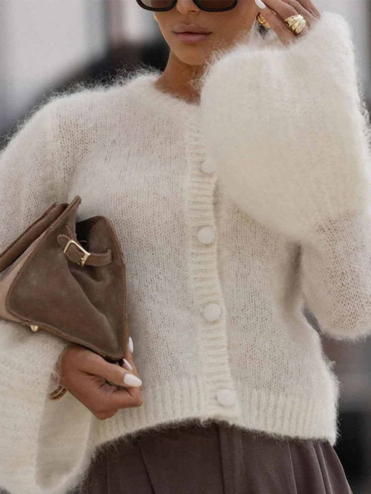 Fashion O-neck Knitted Cardigan Women Solid Flare sleeve Single Breasted Slim Sweater 2025 Lady Autumn Winter Chic New Knitwear