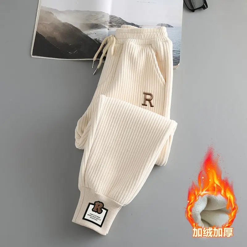 Corduroy Black Apricot Color Embroidered Label Decoration Drawstring Screw Thread Alphabet Printing Ankle Length Pants Female