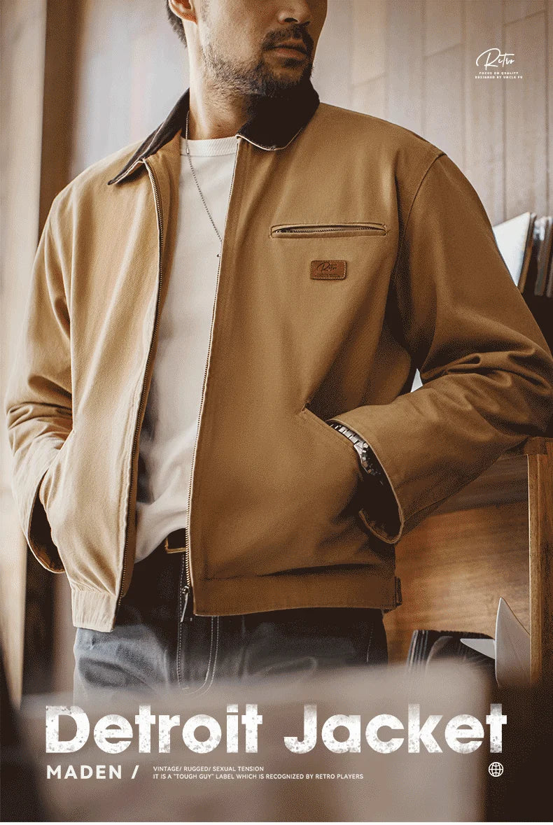 Maden Retro Canvas Detroit Hunting J001 Jacket Heavyweight Pocket Work Jacket Lapel Collar Zipper Coat for Men's Spring and Fall