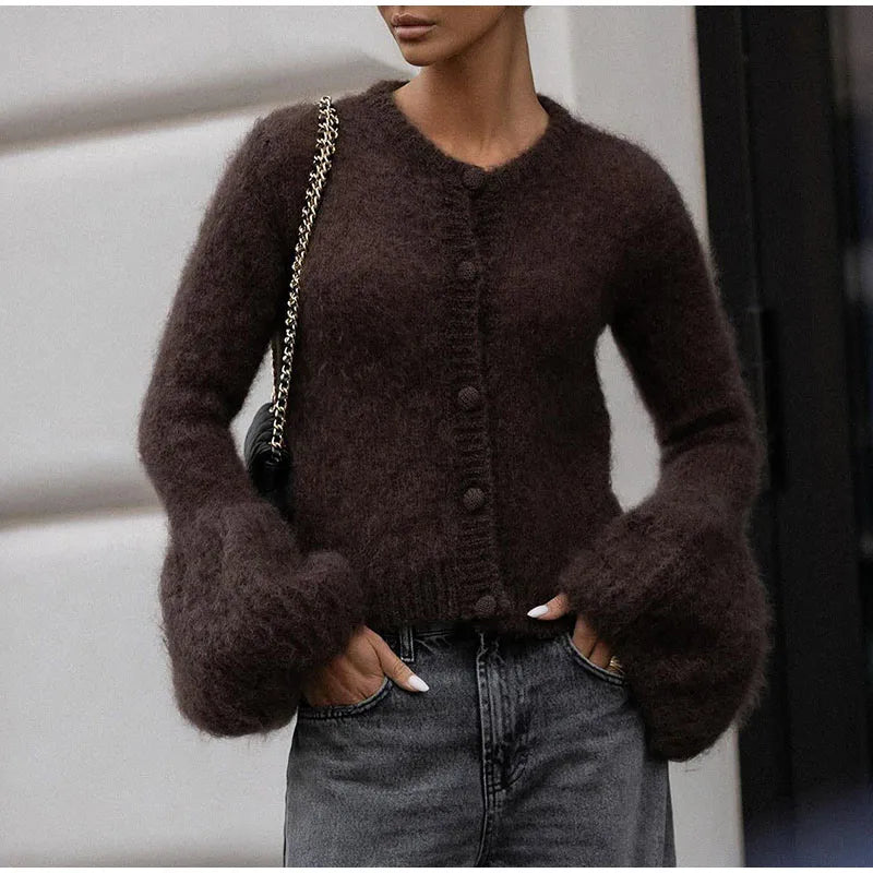 Fashion O-neck Knitted Cardigan Women Solid Flare sleeve Single Breasted Slim Sweater 2025 Lady Autumn Winter Chic New Knitwear