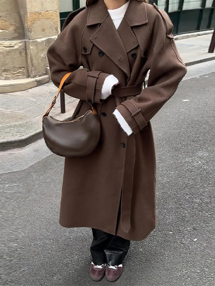 Woolen Breasted Long Coat Women Lapel Double Breasted Casual Pocket Chic Elegant Outwear Autumn Winter Street Lady Overcoat