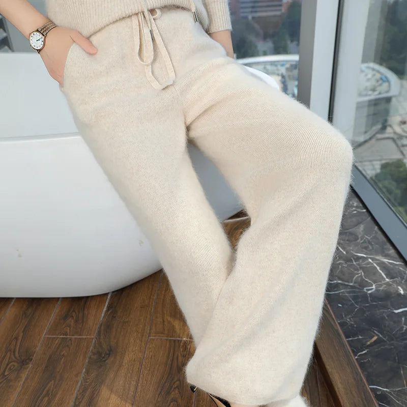 100% Pure Mink Cashmere Knit Wide-Leg Pants Women's Elastic Waist  Straight Trousers Leisure Thick Drawstring Mopping pants