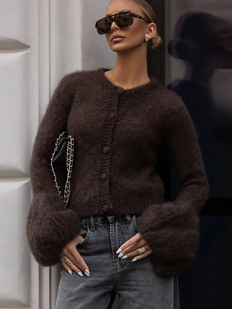 Fashion O-neck Knitted Cardigan Women Solid Flare sleeve Single Breasted Slim Sweater 2025 Lady Autumn Winter Chic New Knitwear