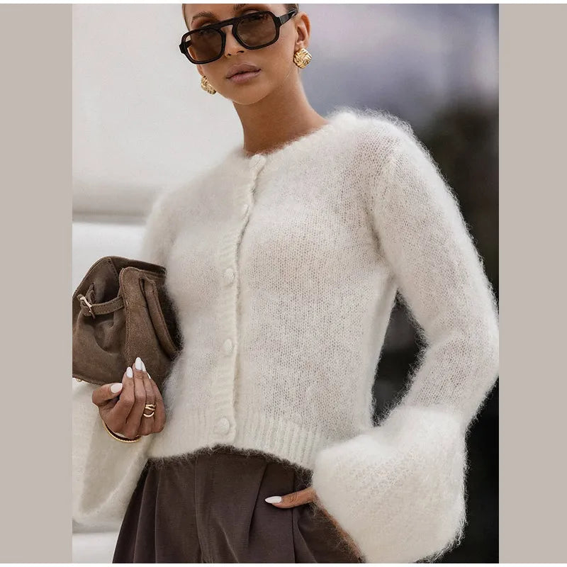 Fashion O-neck Knitted Cardigan Women Solid Flare sleeve Single Breasted Slim Sweater 2025 Lady Autumn Winter Chic New Knitwear