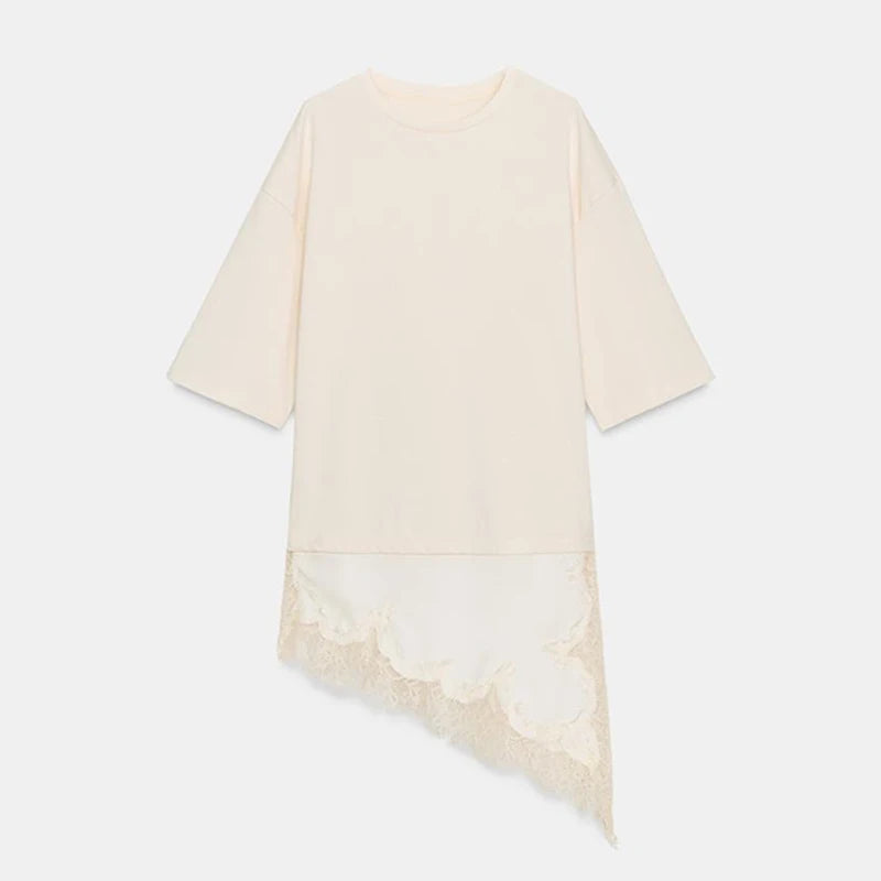 Elegant Lace Trim Patchwork Solid Blouse T-shirts Women Asymmetrical Hem Casual Inner Wear Top 2025 New Solid All Match Outfit