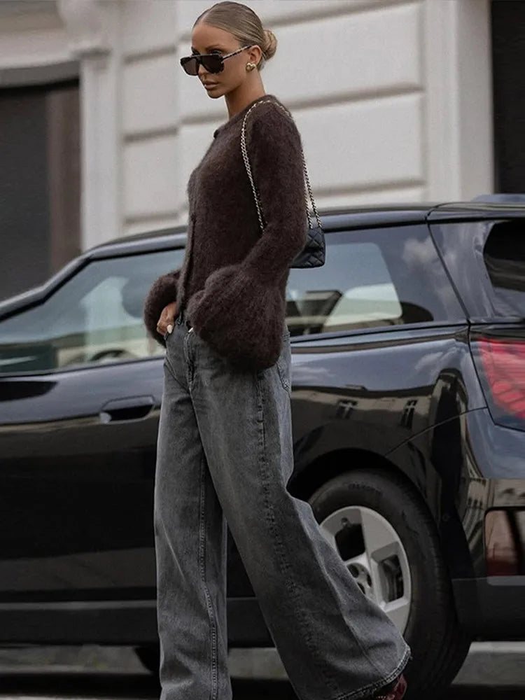 Fashion O-neck Knitted Cardigan Women Solid Flare sleeve Single Breasted Slim Sweater 2025 Lady Autumn Winter Chic New Knitwear