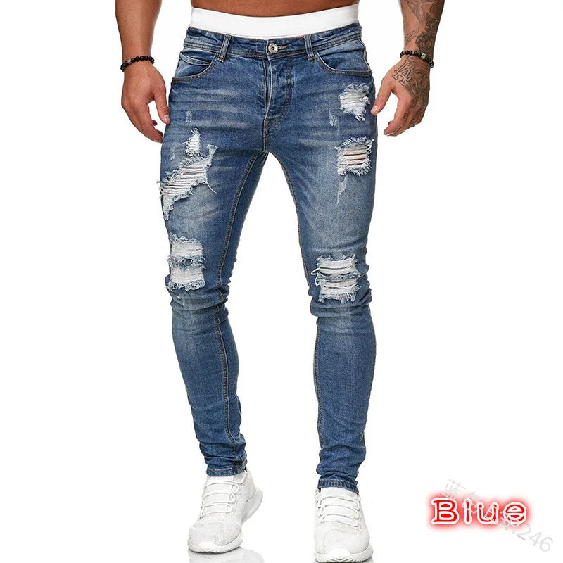 Men Jeans Solid Pockets Stretch Denim Straight Pants Spring Summer