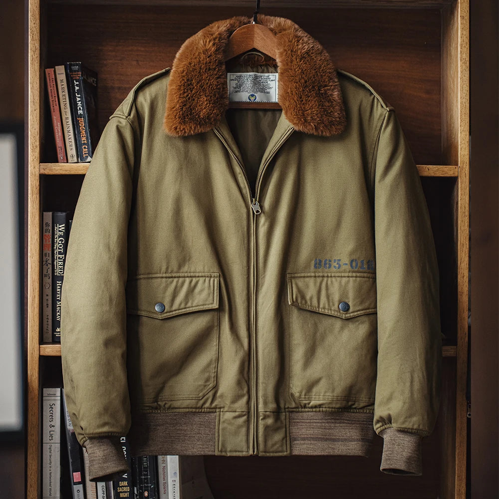 Maden Vintage B10 Bomber Jacket Zippered Cotton Flight Coat with Fur Collar Lapel Pockets Green Cotton Jacket for Men's Winter