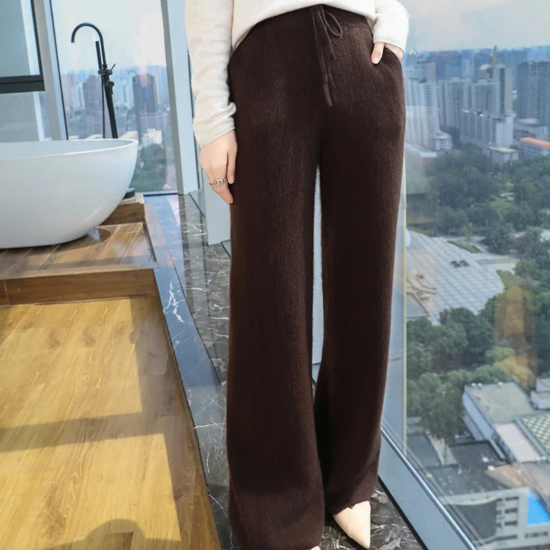 100% Pure Mink Cashmere Knit Wide-Leg Pants Women's Elastic Waist  Straight Trousers Leisure Thick Drawstring Mopping pants