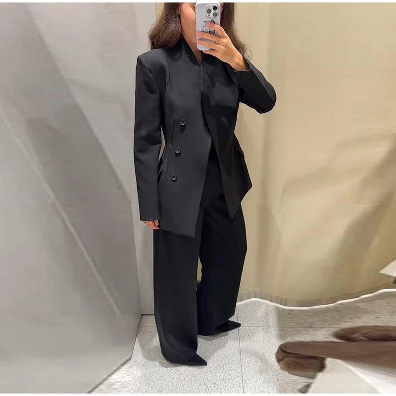 Formal Women's Waist Cinching Blazer Suits Padded Shoulder Long Sleeve Jacket Baggy Pants Casual Office Streetwear Set Outfit