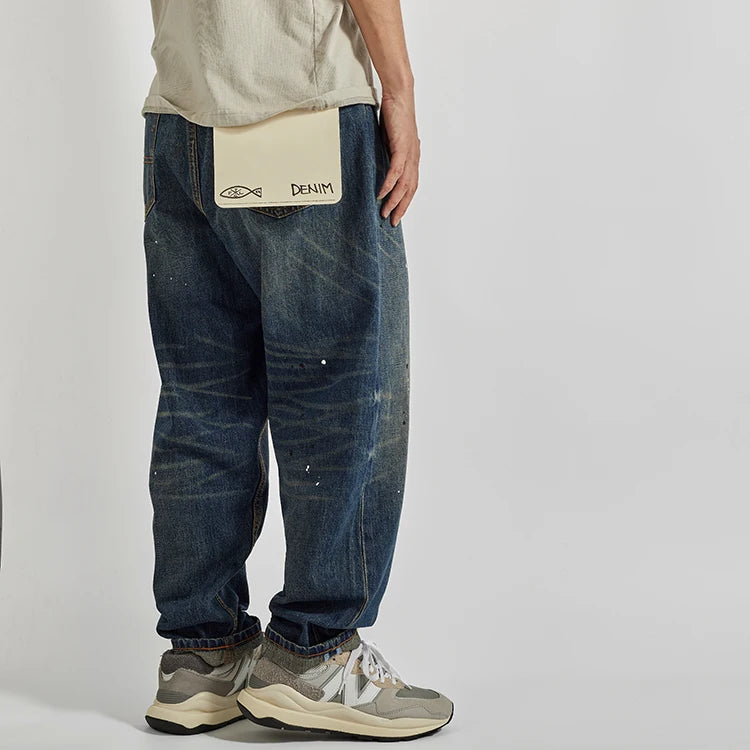 Four Seasons New American Retro Spray Paint Denim Jeans Men's Fashion 100% Cotton Washed Make Old Casual Straight Loose Trousers