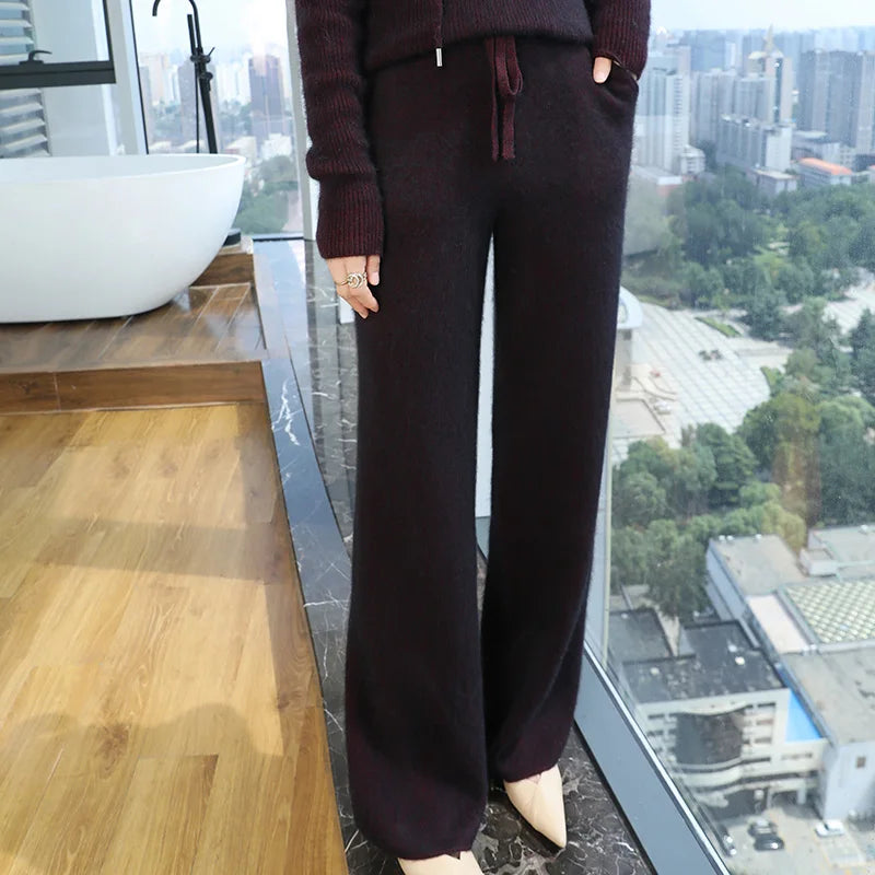 100% Pure Mink Cashmere Knit Wide-Leg Pants Women's Elastic Waist  Straight Trousers Leisure Thick Drawstring Mopping pants