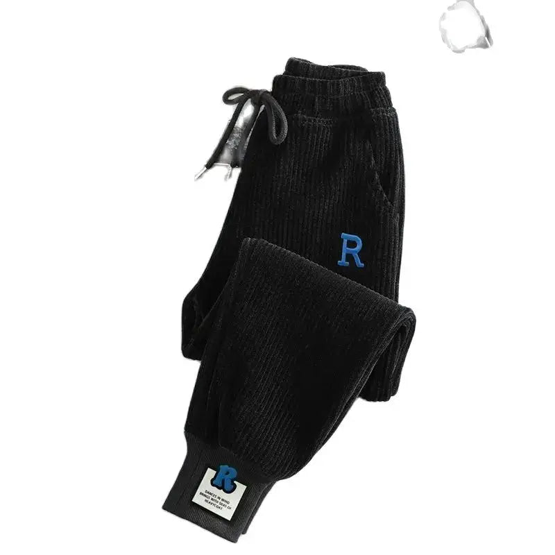 Corduroy Black Apricot Color Embroidered Label Decoration Drawstring Screw Thread Alphabet Printing Ankle Length Pants Female