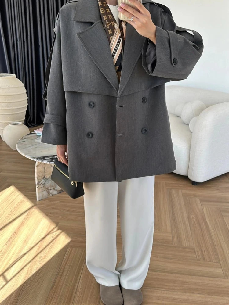 Vintage Turn-down Collar Lace Up Windbreaker Women Fashion Double Breasdted Belt Jackets Female Autumn Chic Casual Streetwear ﻿